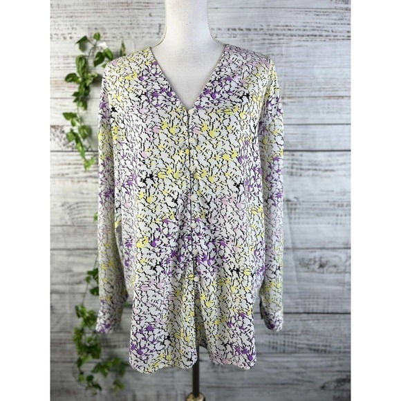 Liz Claiborne Blouse Tunic size Large Purple Yellow Floral Modest Career Slim - Picture 2 of 12